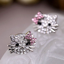 New Fashion Crystal Cat Stud Earrings Cute Rhinestone Hello Kitty Earrings bow knot KT jewelry for