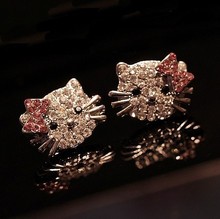 New Fashion Crystal Cat Stud Earrings Cute Rhinestone Hello Kitty Earrings bow knot KT jewelry for