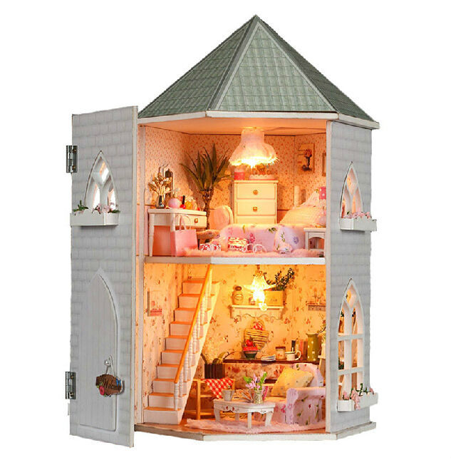 DIY Wooden Dollhouse Miniature Kit Doll house lighting with All 