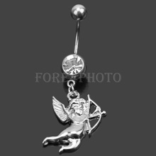 Alloy Cupid Dangle Belly Button Ring Rhinestone Crystal Body Piercing Jewelry