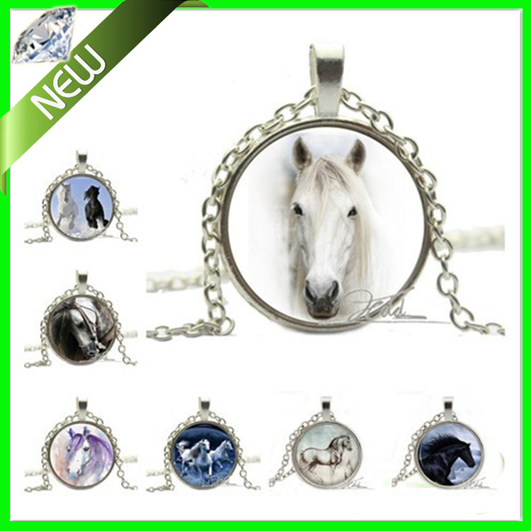New 6 Style Silver Horse Necklace Equestrian Jewelry Nature Animal Black and White Art Pendant Round
