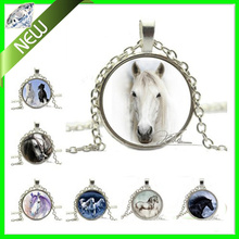 New 6 Style Silver Horse Necklace Equestrian Jewelry Nature Animal Black and White Art Pendant Round Art Pendant Fashion Jewelry