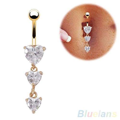 Body Piercing Gold Navel Rings 3 Heart Crystal Clear Dangle Belly Button Rings 1QEN