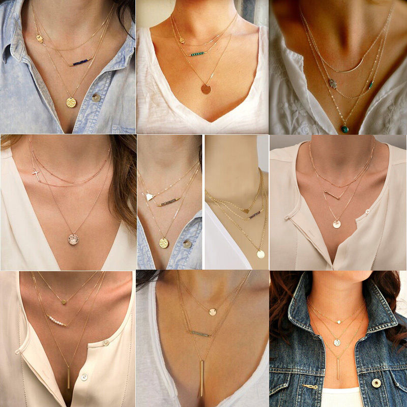 Hot New Trendy Gold Plated Bar Triangle Rounded Khamsah Pendant Fashion 3 Layer Alloy Chain Necklaces