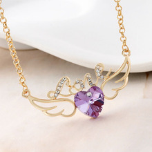 Charming Lady Rose Plated Jewelry Love Peach Heart Crystal Necklace Love Angel Wings Necklace For Women