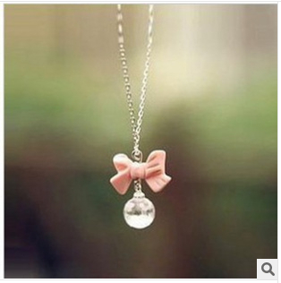 Korean Fashion Jewelry sweet pink bow necklace drops the ball Free Shipping