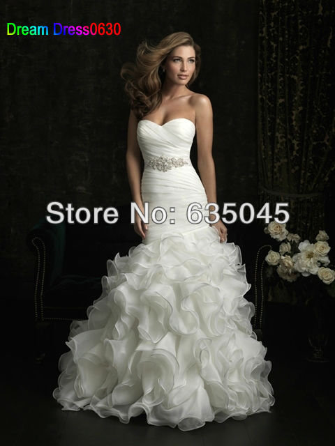 Vestido De Noiva 2015 New Custom Made Ivory Organza Pleat Ruffles Bow Beading Crystal Mermaid Wedding