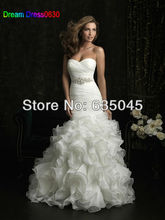 Vestido De Noiva 2015 New Custom Made Ivory Organza Pleat Ruffles Bow Beading Crystal Mermaid Wedding
