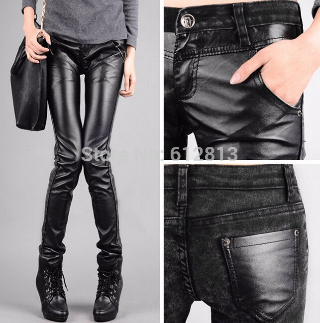 Casual pants big yards female PU leather pants tights stretch pants feet pencil pants female trousers