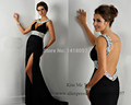 Sexy Elegant Black Evening Dress 2015 Vestido de Gala Mermaid Prom Dresses Backless Rhinestones Split Scoop