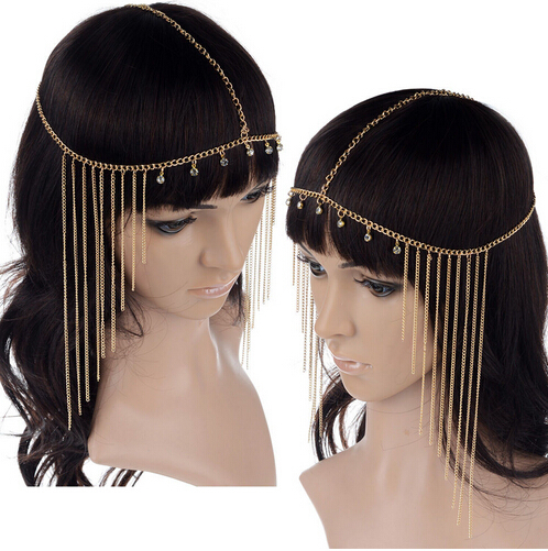 1PC New Rhinestone Tassel Forehead Bohemian Hair Head Side Wave Chain Headband Headpiece Band For Women