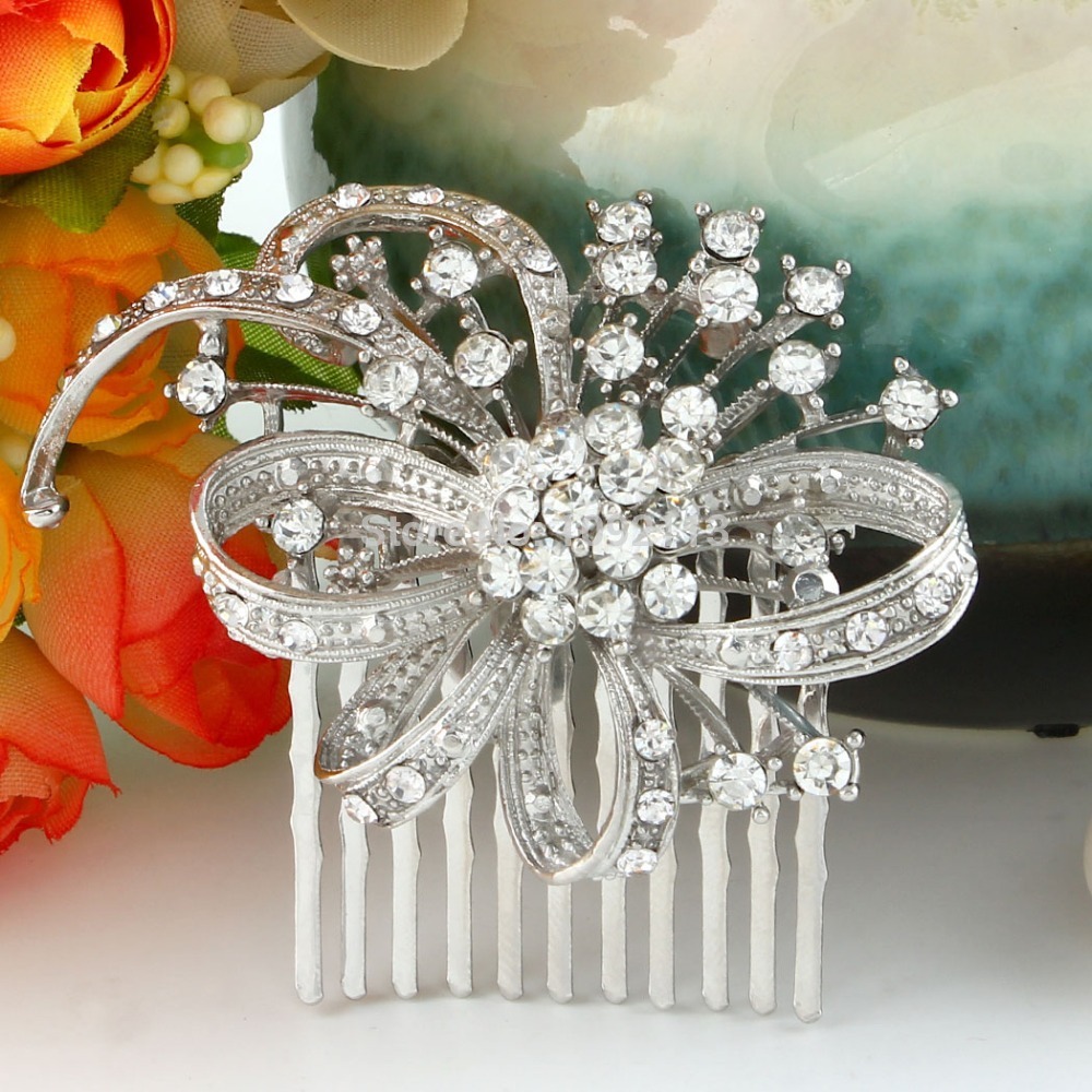BELLA 2015 New Bridal Wedding Flower Bow Hair Comb Pins Austrian Crystal Head Piece For Wedding