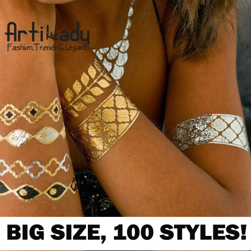 Artilady metallic tattoo set big size gold tattoo silver temporary tattoos metallic temporary tattoos women jewelry