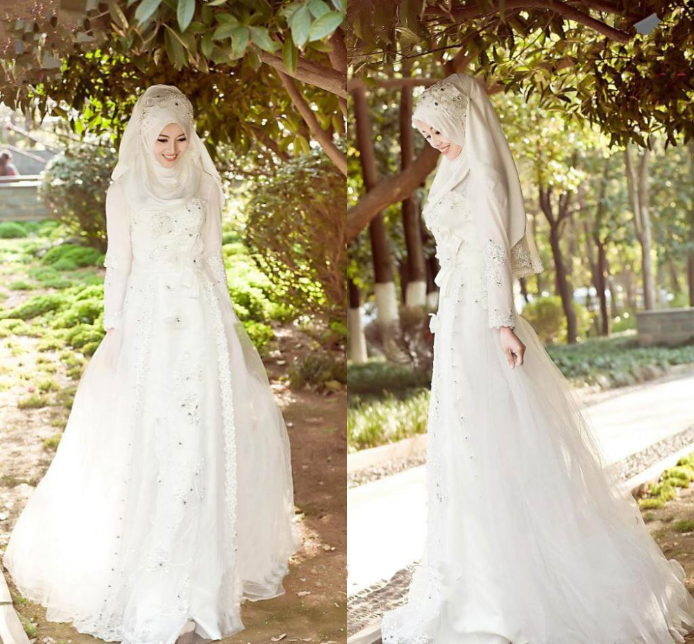 Arabic Muslim Wedding Dresses 2016 Weddings Events Beaded Long Sleeves A line Abaya Muslim Wedding Dress