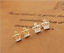 2015 small but Beautiful Fashion Cute Created Diamond 925 silver or Gold color Princess Crown Stud Earrings For Women jewelry