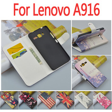 Printing Pattern Leather Flip Case cover For Lenovo A916 cellphone with Card Holder and stander wallet slots 7 colors