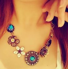 Retro Vintage European Style Gorgeous Austria Turquoise Crystal Flowers Bib Chain Statement Necklace for Wedding Party