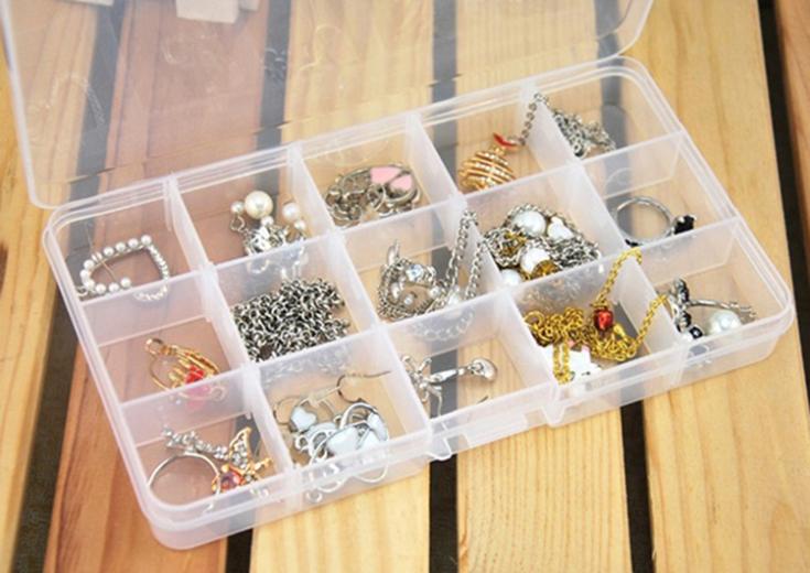 New Transparent Adjustable Plastic 15 Slots Compartment Storage Box Jewelry Earring Bin Case Container free shipping
