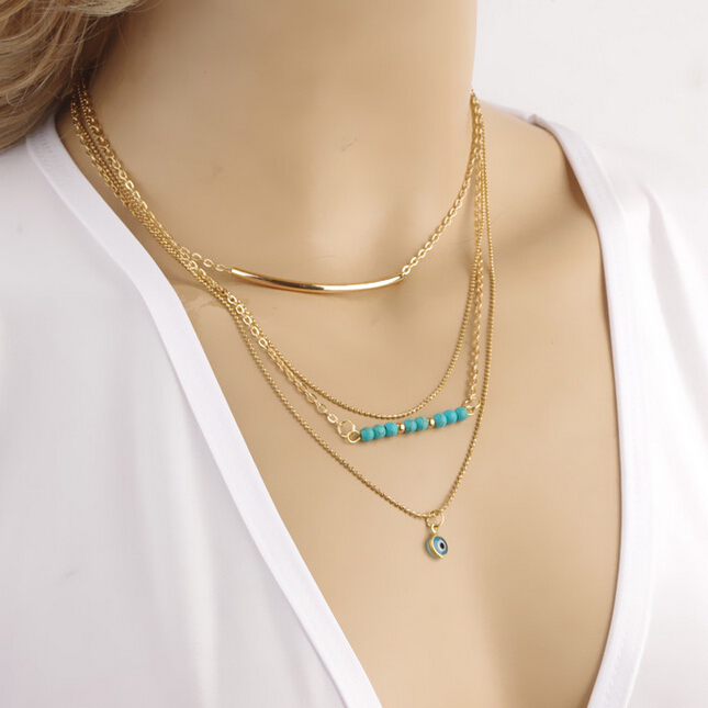 TX321 Fashion gold plated 3layer chain with turquoise beads and eva eye necklace for women fine
