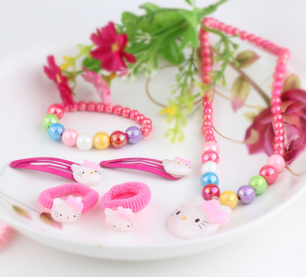 1set 6pcs hello kitty jewelry necklace bracelet hair band Baby Hair Clips Children Hair Accessories cute