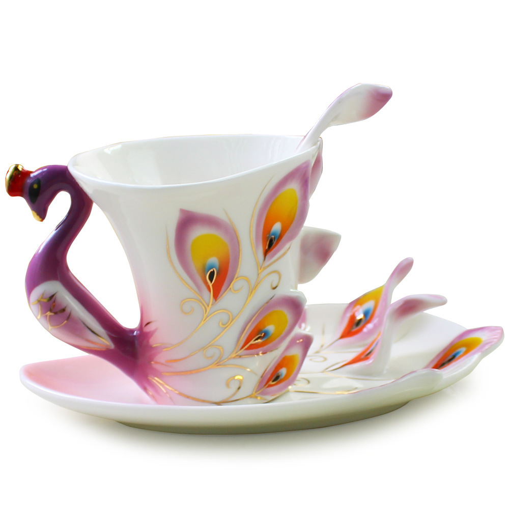 Creative Peacock 3D Ceramic Teapot Set Cup Tray Spoon 3 in 1 Novelty Color Coffee Mug