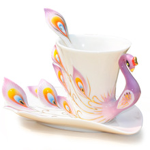 Creative Peacock 3D Ceramic Teapot Set Cup Tray Spoon 3 in 1 Novelty Color Coffee Mug