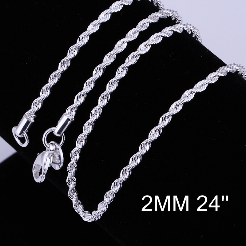 Wholsale new FASHION jewelry 925 Sterling Silver NECKLACE 2mm 24 inch Flash twisted rope necklace Penoyjewelry