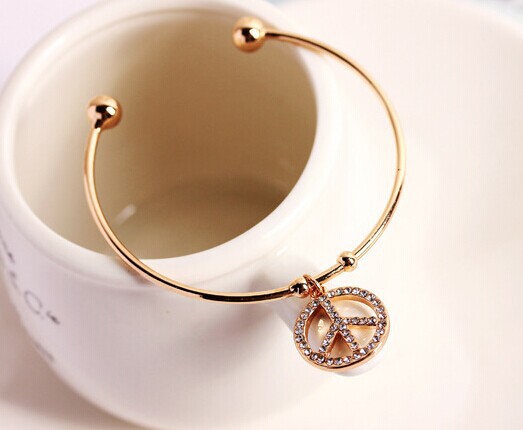 Gold silver peace cuff bracelets bangles korean luxury strass hand chain pulsera mujer pulseiras femininas brazalete