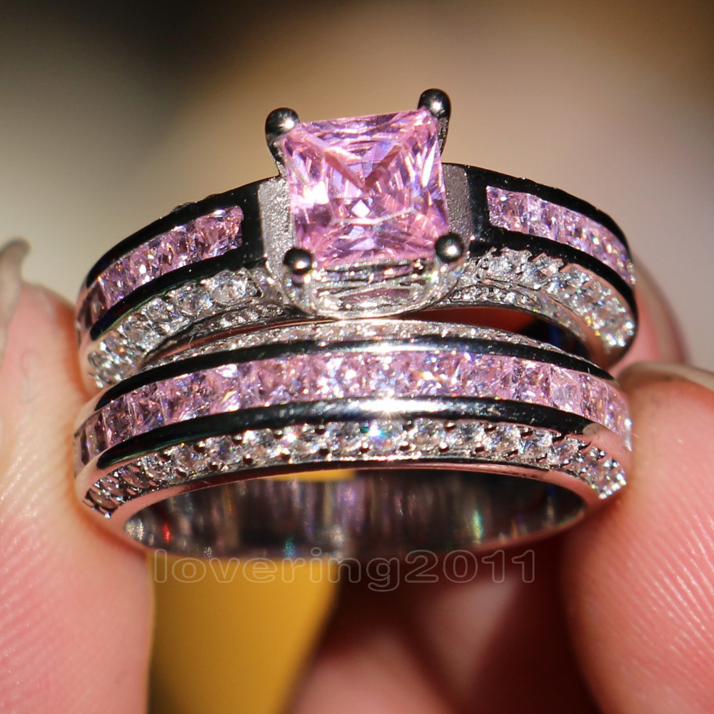 Victoria Wieck Princess cut Pink sapphire Simulated diamond 10KT White Gold Filled engagement Wedding Band Ring