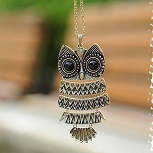 Charm Vintage Punk Ancient Bronze Bar Owl Statement Necklace Sweater Chain Necklaces Fashion Jewelry For Women