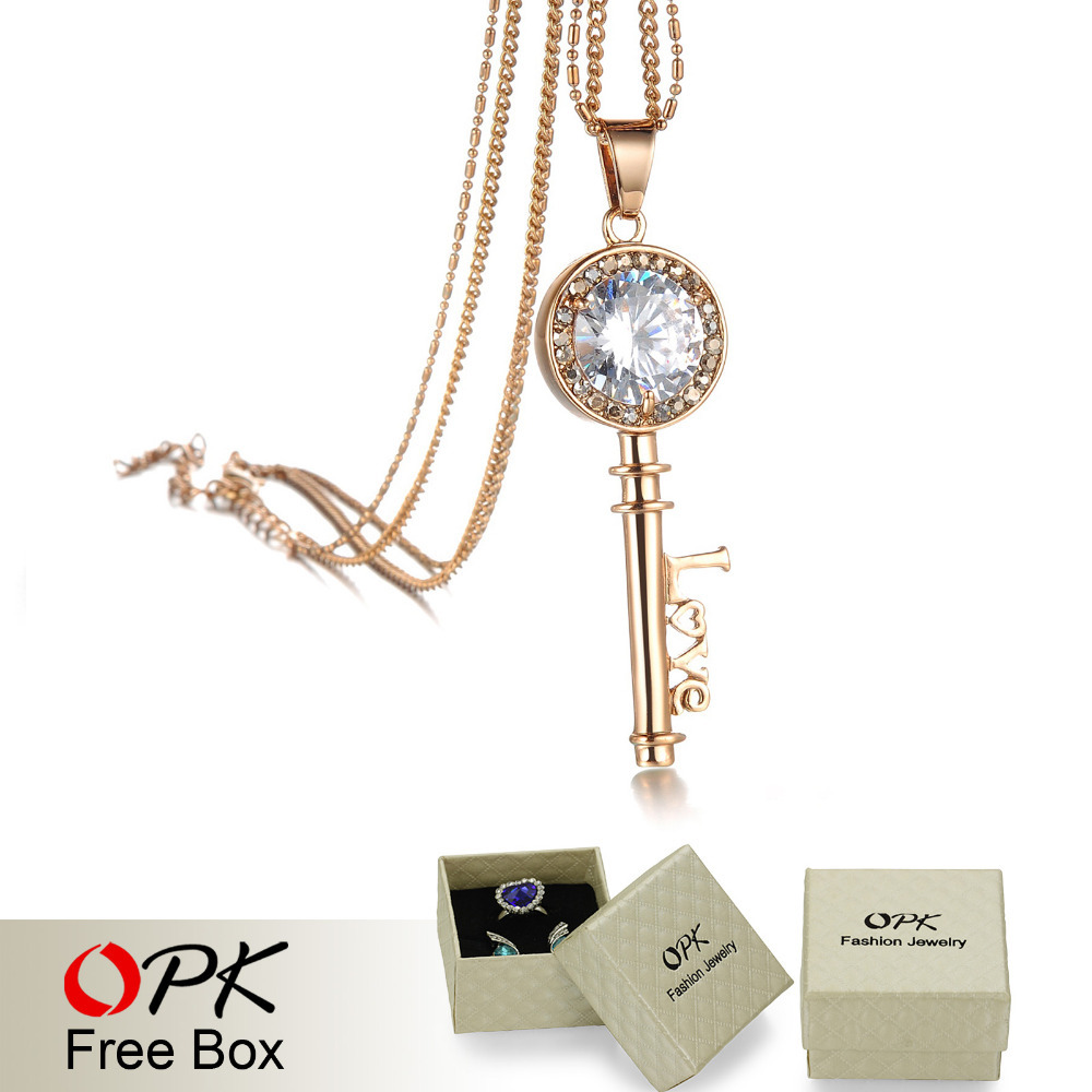 OPK Romantic LOVE Women Necklaces Fashion Big Crystal Key Pendant New 2015 Rose Gold Stainless Steel