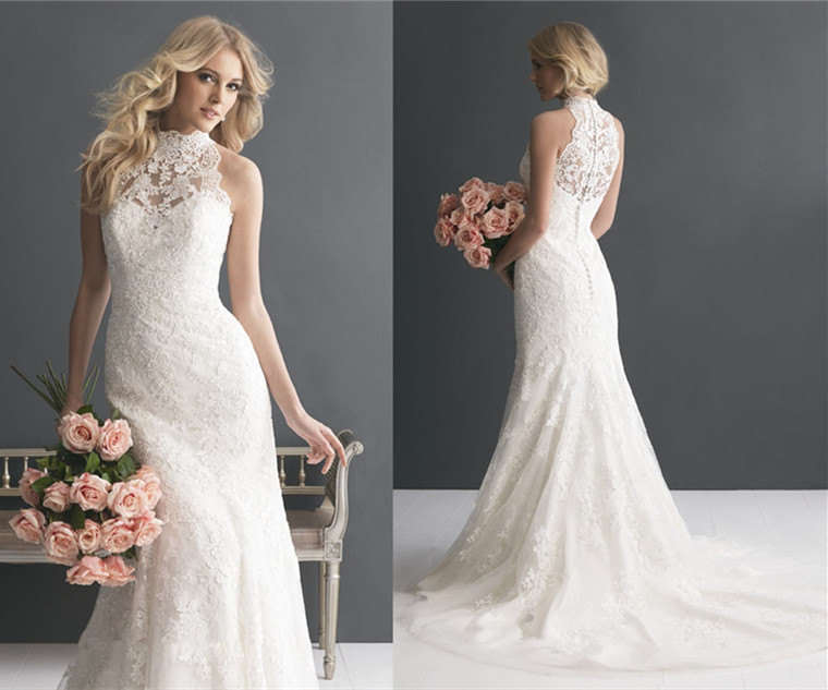 Charming Bridal Vintage Mermaid Wedding Dresses High Neck Sleeveless Lace Zipper White Ivory Bridal Gowns