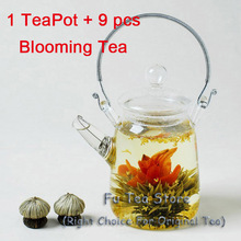 Free shipping 1 pcs Tea Kettle 9 pcs different Blooming Tea heat resistant glass flower tea