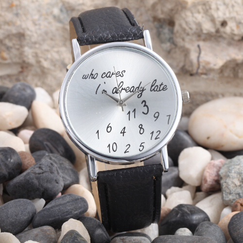 New 2015 5 Colors Who Cares I m Already Late Irregular Figure Women Leather Strap Wristwatch