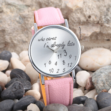 New 2015 5 Colors Who Cares I m Already Late Irregular Figure Women Leather Strap Wristwatch