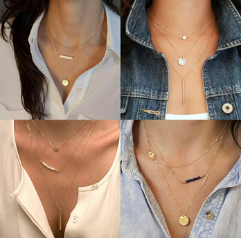 2015 Hot Fashion Gold Plated Fatima Hand 3 Layer Chain Bar Necklace Beads and Long Strip