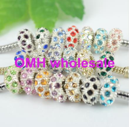 OMH wholesale 20PCS Mixed Multicolor Crystal Silver Plated 10mm Spacer Charm Wheel Beads Fit Pandora European