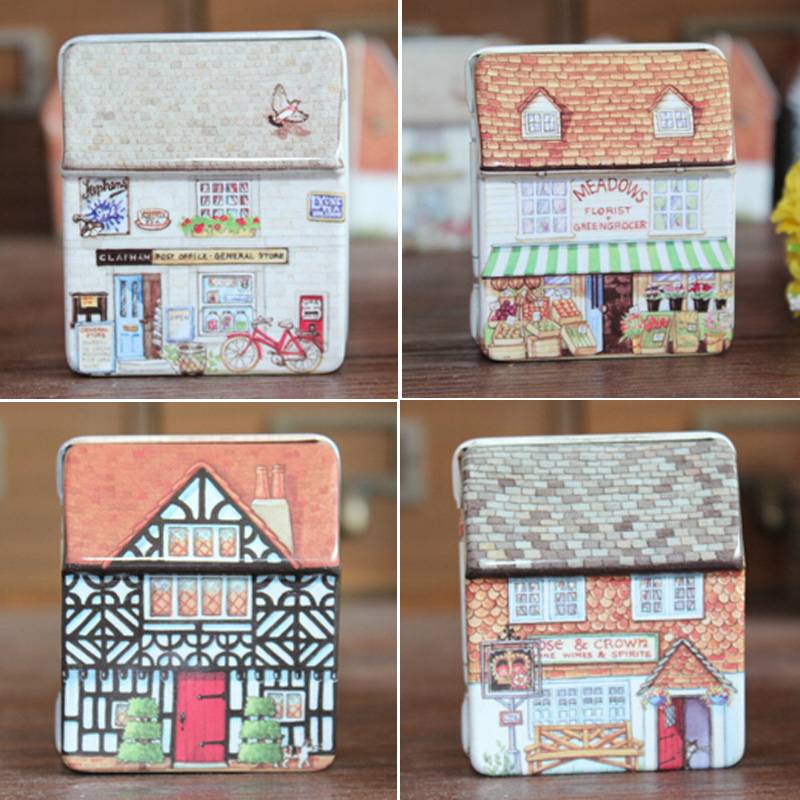1PCS Free Shipping Retro Europe Style Small House Tin Box Relief Small Tin Kit Candy Jewelry