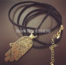 New Design Women Long Chain Hamsa Hand Fatima Pendant Leather Necklace Faith Jewelry