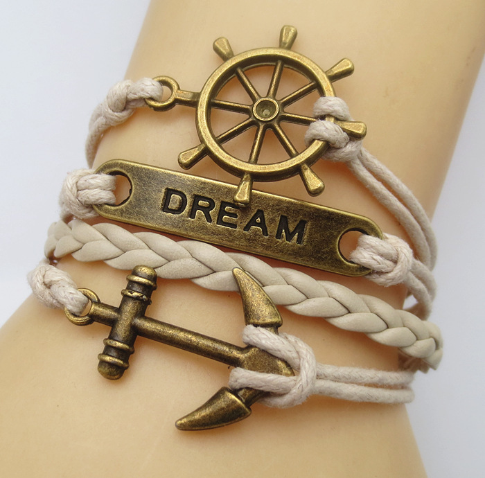 Retro DIY Infinity Fashion Leather handcuffs peace dove Anchor rudder LOVE Friendship Charm Sideway Braided Wristband