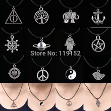 2015 HOT China 12 Style New Tibetan Silver Pendant Necklace Choker Charm Black Leather Cord Factory