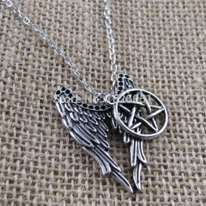 New Arrival 2015 Fashion Antique Silver Supernatural Necklace Pentagram Pendant Castiel Wings Angel Wicca US SELLER