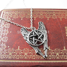 New Arrival 2015 Fashion Antique Silver Supernatural Necklace Pentagram Pendant Castiel Wings Angel Wicca US SELLER