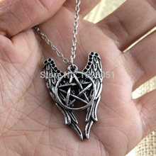 New Arrival 2015 Fashion Antique Silver Supernatural Necklace Pentagram Pendant Castiel Wings Angel Wicca US SELLER