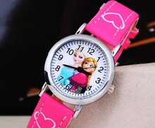 New Cartoon 2015 Princess Elsa Anna Watches Fashion Children Girls Kids Students Cute Leather Sports Wristwatches