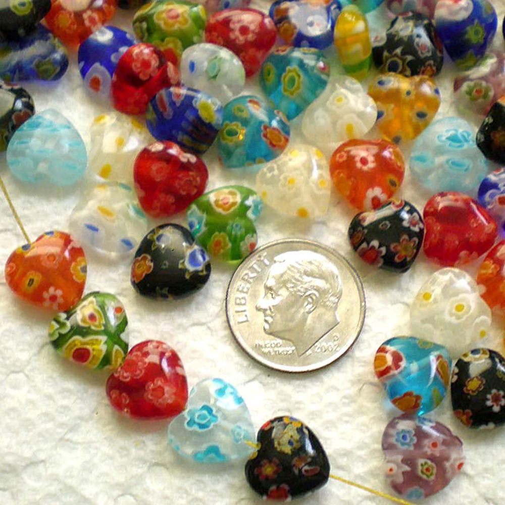 Beautiful Bead 40pcs Mix Millefiori Lampwork Flat Heart Glass Beads 10mm