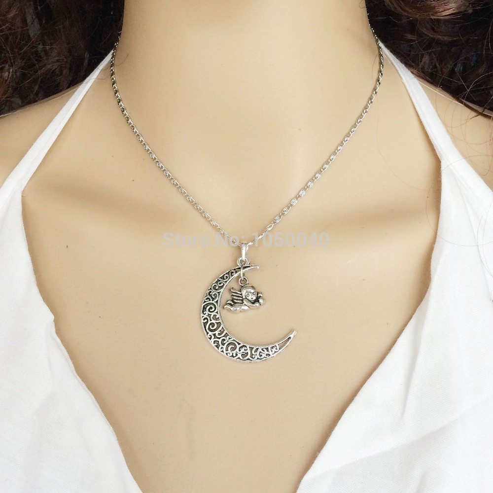 20pcs Women Fashion Retro Silver Tone Chain Crescent Moon Love Cupid Pendant Charm Necklace Jewelry Making