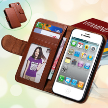 For iPhone 4 4S Mobile Phone Case Luxury Plain Skin Flip Leather Case Cover For Apple iPhone 4 4S With Card Slot & Photo Frame