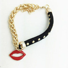 Wholesale New Fashion 18K gold filled leather rope chain Sexy Lips charm bracelets Valentine’s Day gift for women B3216