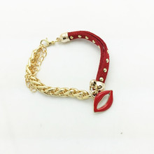Wholesale New Fashion 18K gold filled leather rope chain Sexy Lips charm bracelets Valentine s Day
